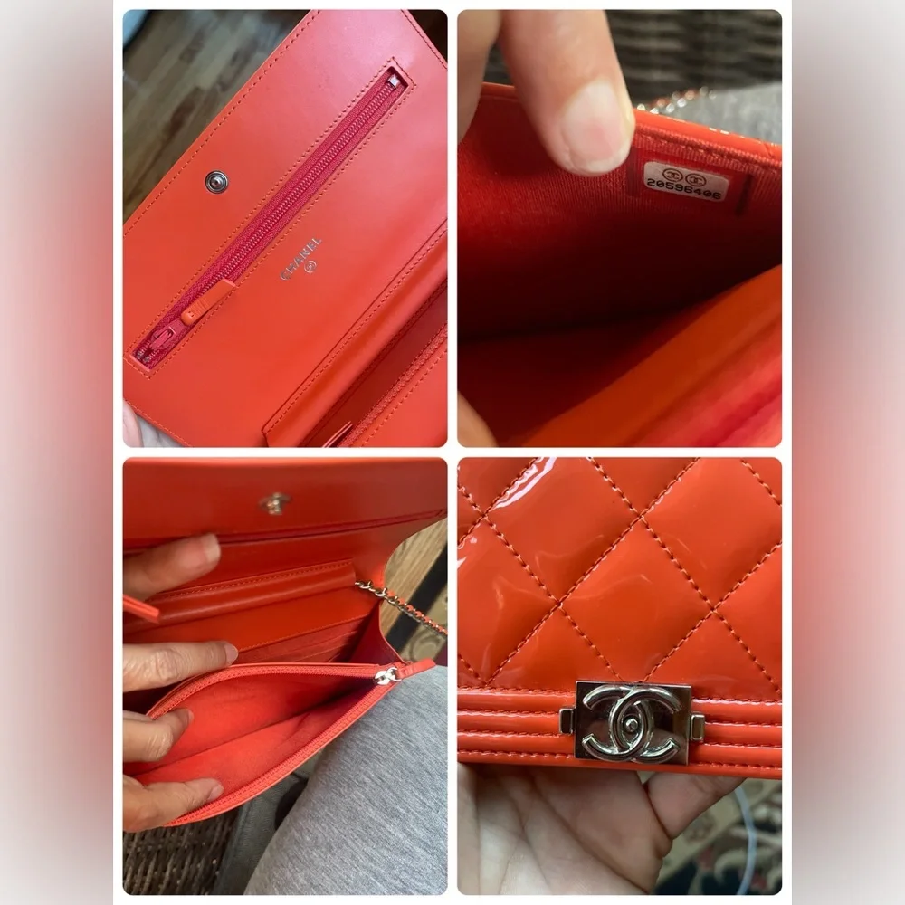 CHANEL Orange Quilted Patent Leather Crossbody Bag